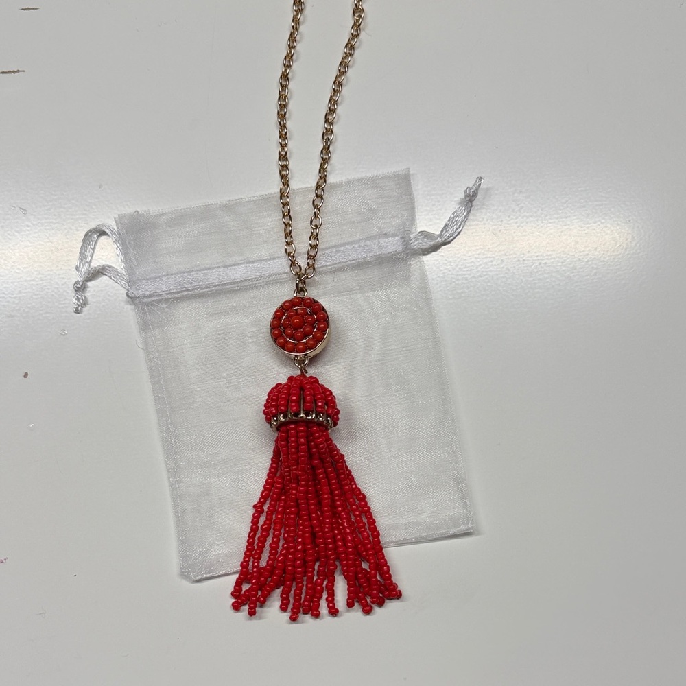 Red Beaded Tassel Necklace with Gold-Tone Chain
